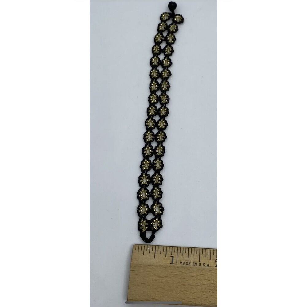 Turkish Artisan Fashion Flat Crochet 7” Bracelet Black Cord Gold Round Beads - Picture 9 of 11